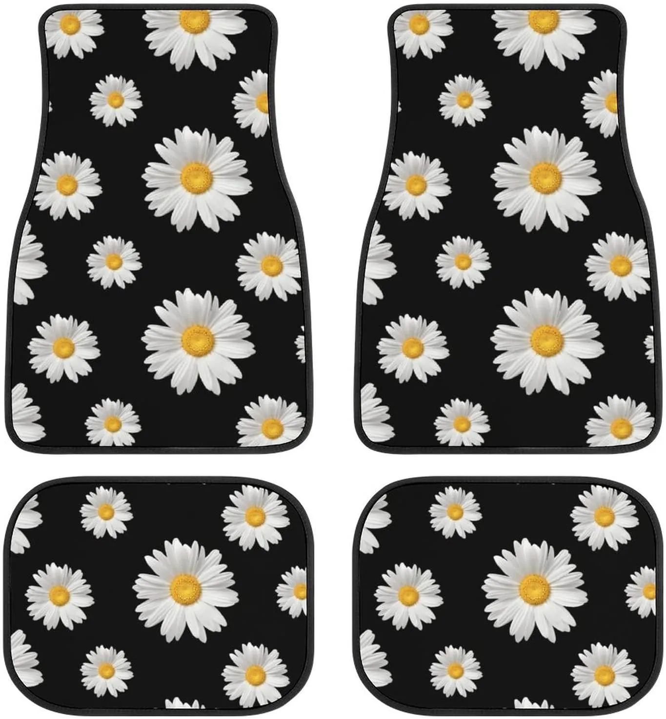 Daisy Car Floor Mats Set of 4,Daisy Print Flowers Design Black Vehicle Front Rear Carpets Mats Floral Decor Car Floor Carpets Rugs Non-Slip Auto Car Accessories Universal Fit for Car SUV Van Truck