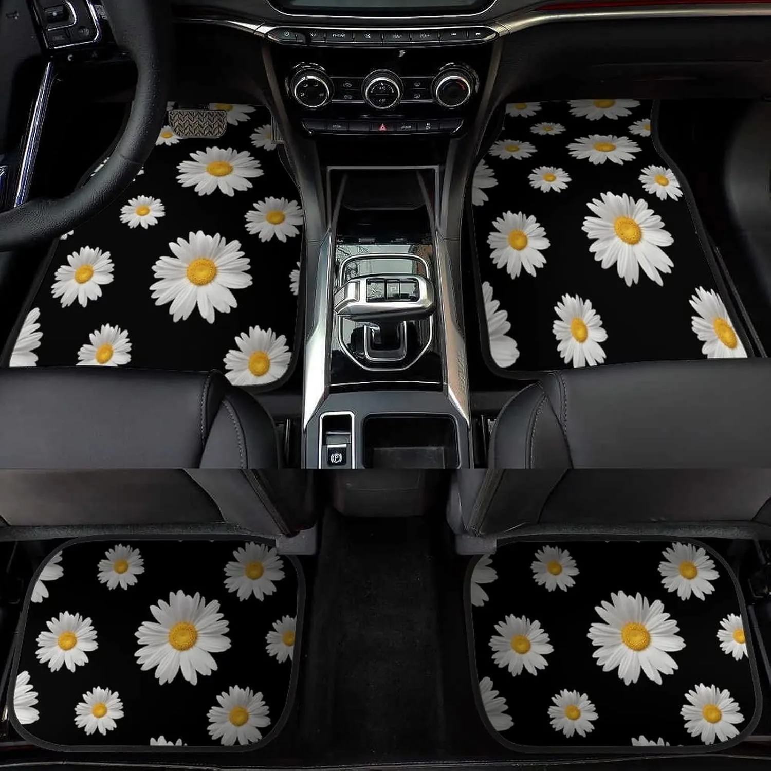 Daisy Car Floor Mats Set of 4,Daisy Print Flowers Design Black Vehicle Front Rear Carpets Mats Floral Decor Car Floor Carpets Rugs Non-Slip Auto Car Accessories Universal Fit for Car SUV Van Truck