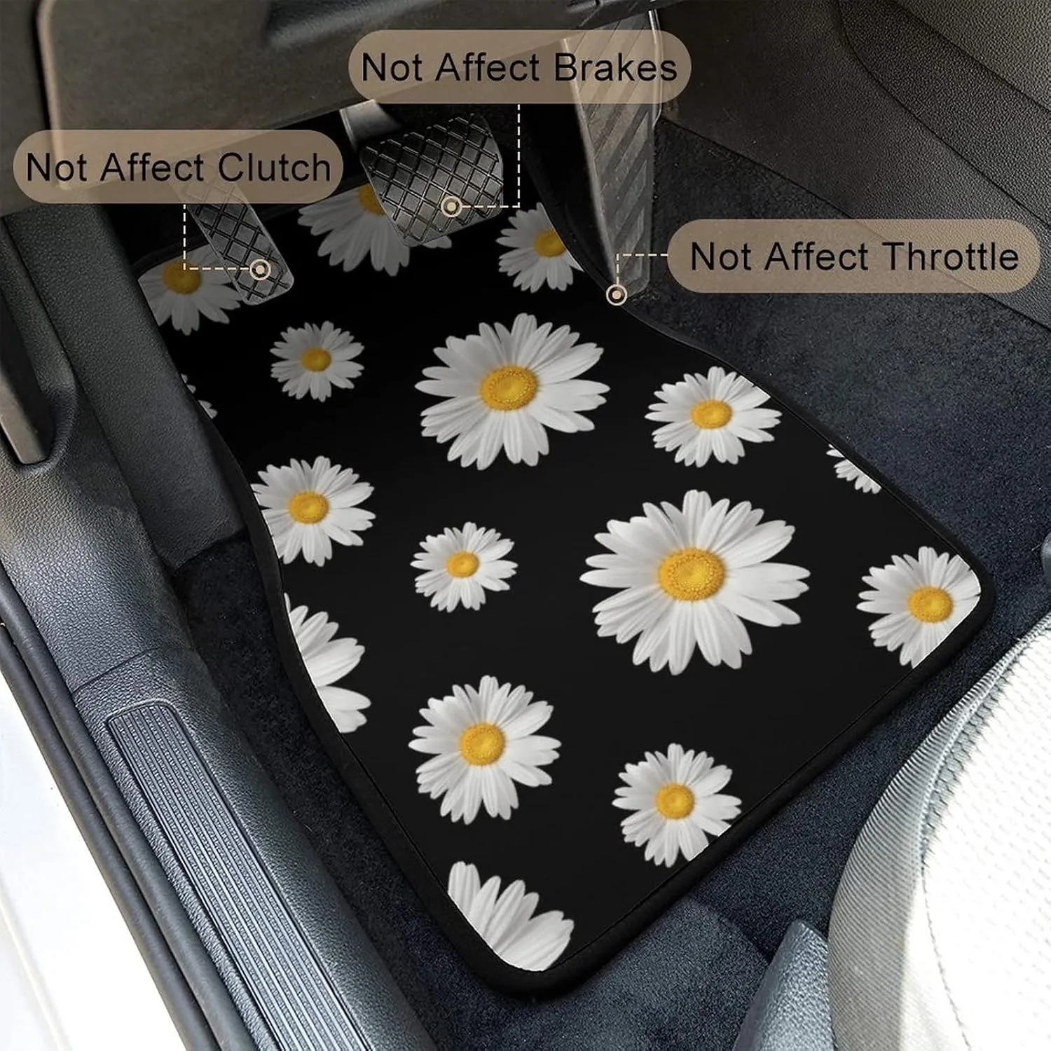 Daisy Car Floor Mats Set of 4,Daisy Print Flowers Design Black Vehicle Front Rear Carpets Mats Floral Decor Car Floor Carpets Rugs Non-Slip Auto Car Accessories Universal Fit for Car SUV Van Truck