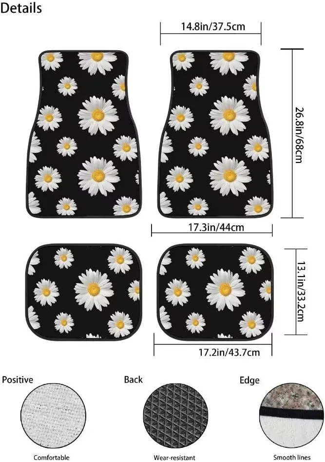 Daisy Car Floor Mats Set of 4,Daisy Print Flowers Design Black Vehicle Front Rear Carpets Mats Floral Decor Car Floor Carpets Rugs Non-Slip Auto Car Accessories Universal Fit for Car SUV Van Truck