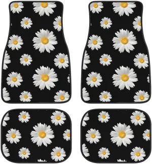 Daisy Car Floor Mats Set of 4,Daisy Print Flowers Design Black Vehicle Front Rear Carpets Mats Floral Decor Car Floor Carpets Rugs Non-Slip Auto Car Accessories Universal Fit for Car SUV Van Truck