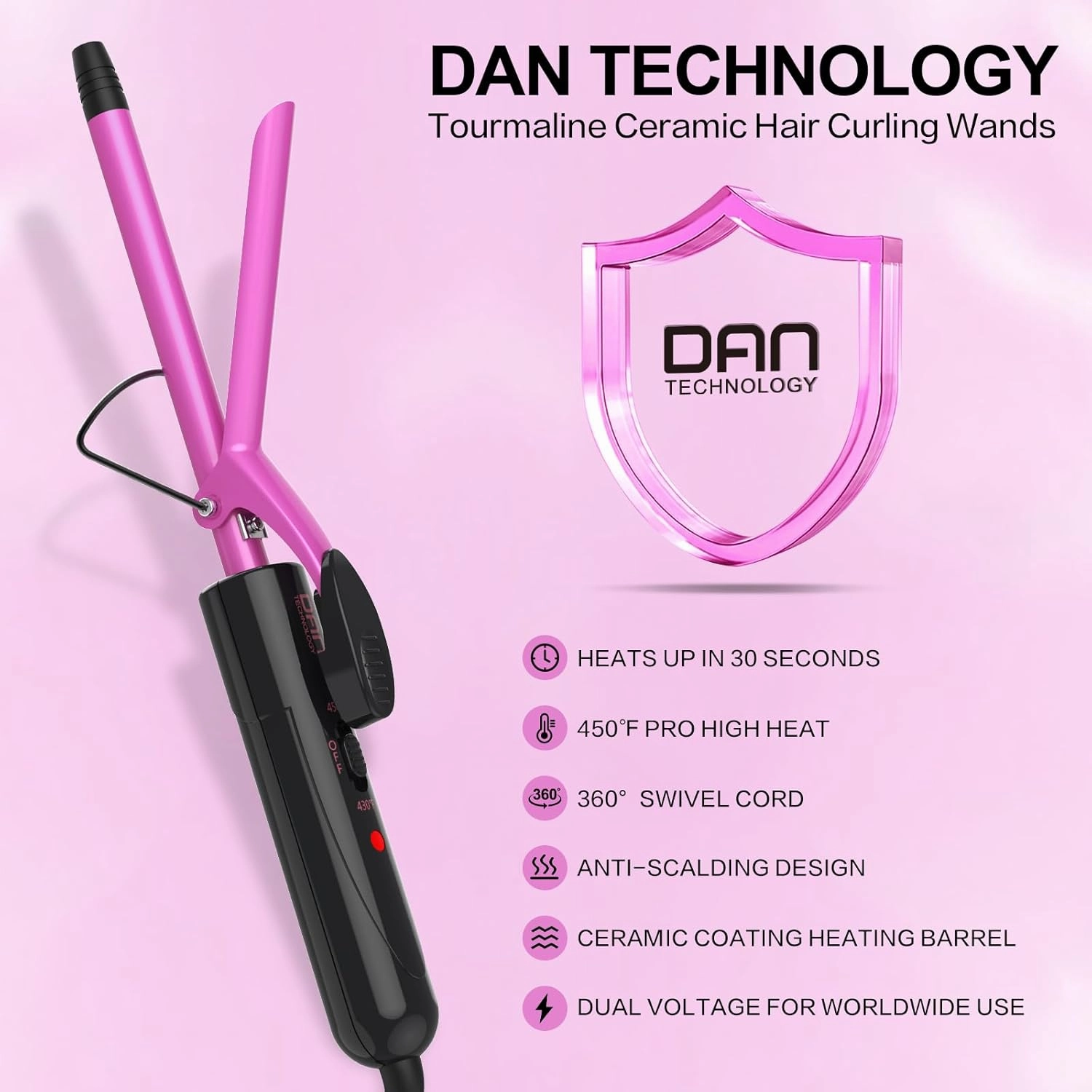 DAN Technology Small Barrel Curling Iron Wand Ceramic Barrel Tiny Curling Iron with Adjustable Temperature High Heat Hair Curling Irons Tiny Curler for Tight Curls Short & Long Hair (1/2 Inch,13MM)