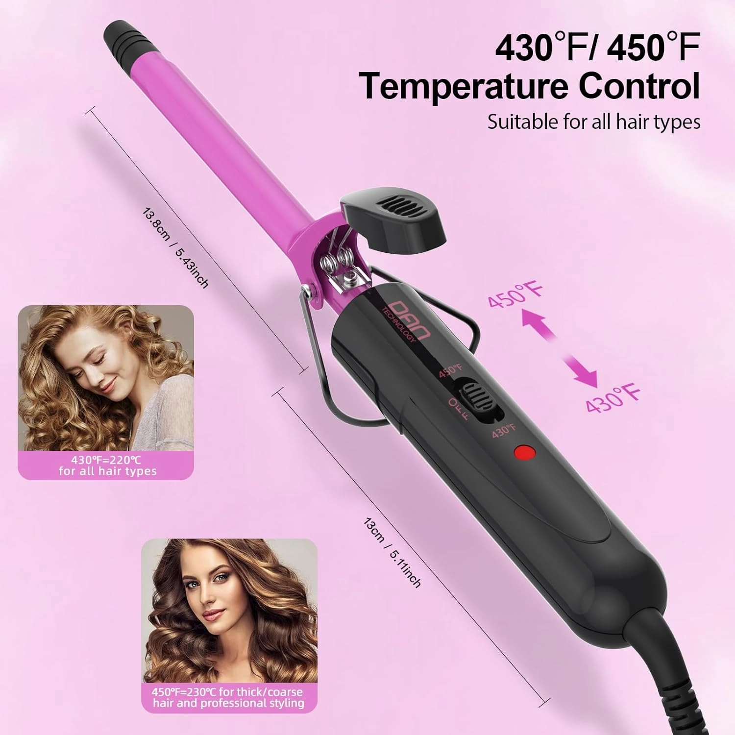 DAN Technology Small Barrel Curling Iron Wand Ceramic Barrel Tiny Curling Iron with Adjustable Temperature High Heat Hair Curling Irons Tiny Curler for Tight Curls Short & Long Hair (1/2 Inch,13MM)