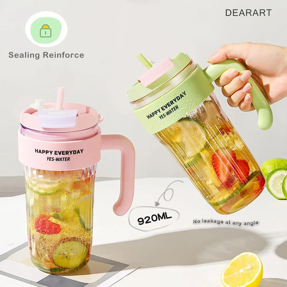 DEARART Clear Water Bottle with Straw & Nozzle, Leak-proof BPA FREE, Wide Neck Easy Clean, Suitable for Office, Sports, School, Travel, Gym, Yoga, 31oz (920ml), Pink
