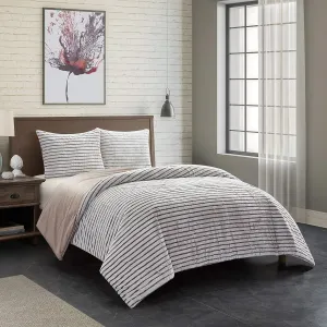 Dearfoams Drydon Stripe Plush 3 Piece Soft Comforter Set with Mink Reverse, Queen Size