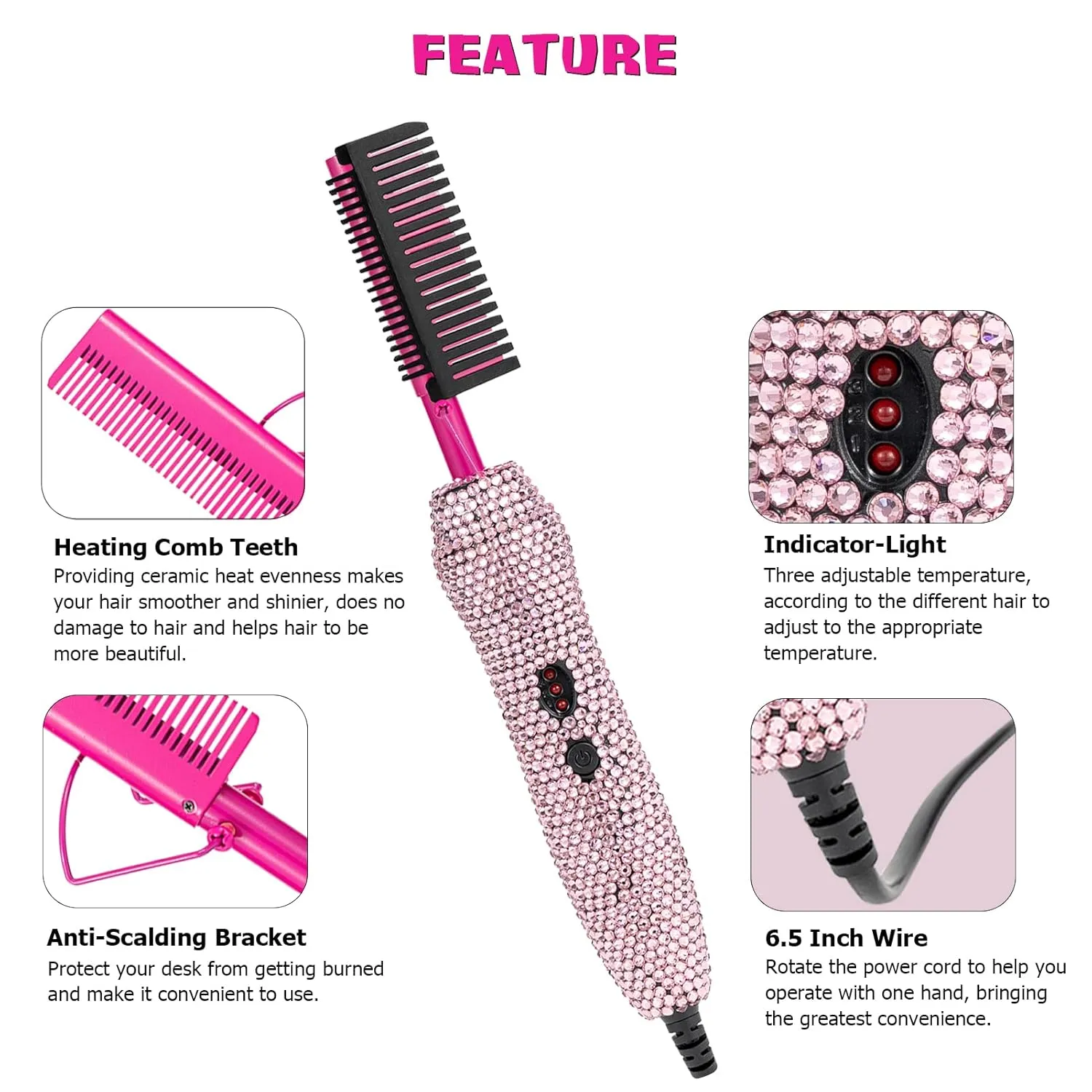 Deluxe Electric Hair Straightener and Curling Comb for Natural Hair and Wigs, 450°F Heat Pressing Comb with Anti-Scald Case (Pink)