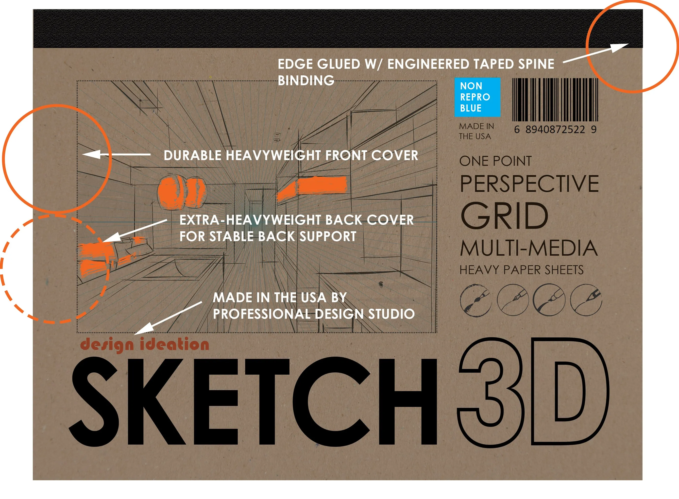 Design Ideation PERSPECTIVE GRID PAD. Removable Sheet. Multi-Media. 1 Point. Blue. (8.5" X 11") PAD-2550-TS