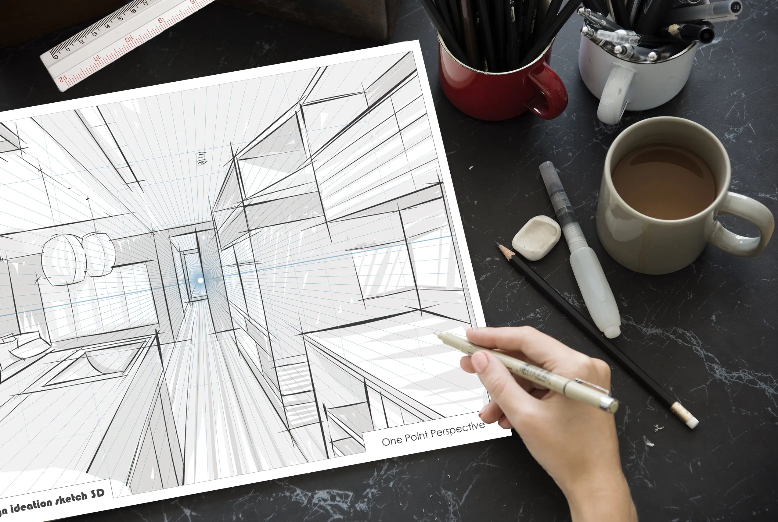 Design Ideation PERSPECTIVE GRID PAD. Removable Sheet. Multi-Media. 1 Point. Blue. (8.5" X 11") PAD-2550-TS