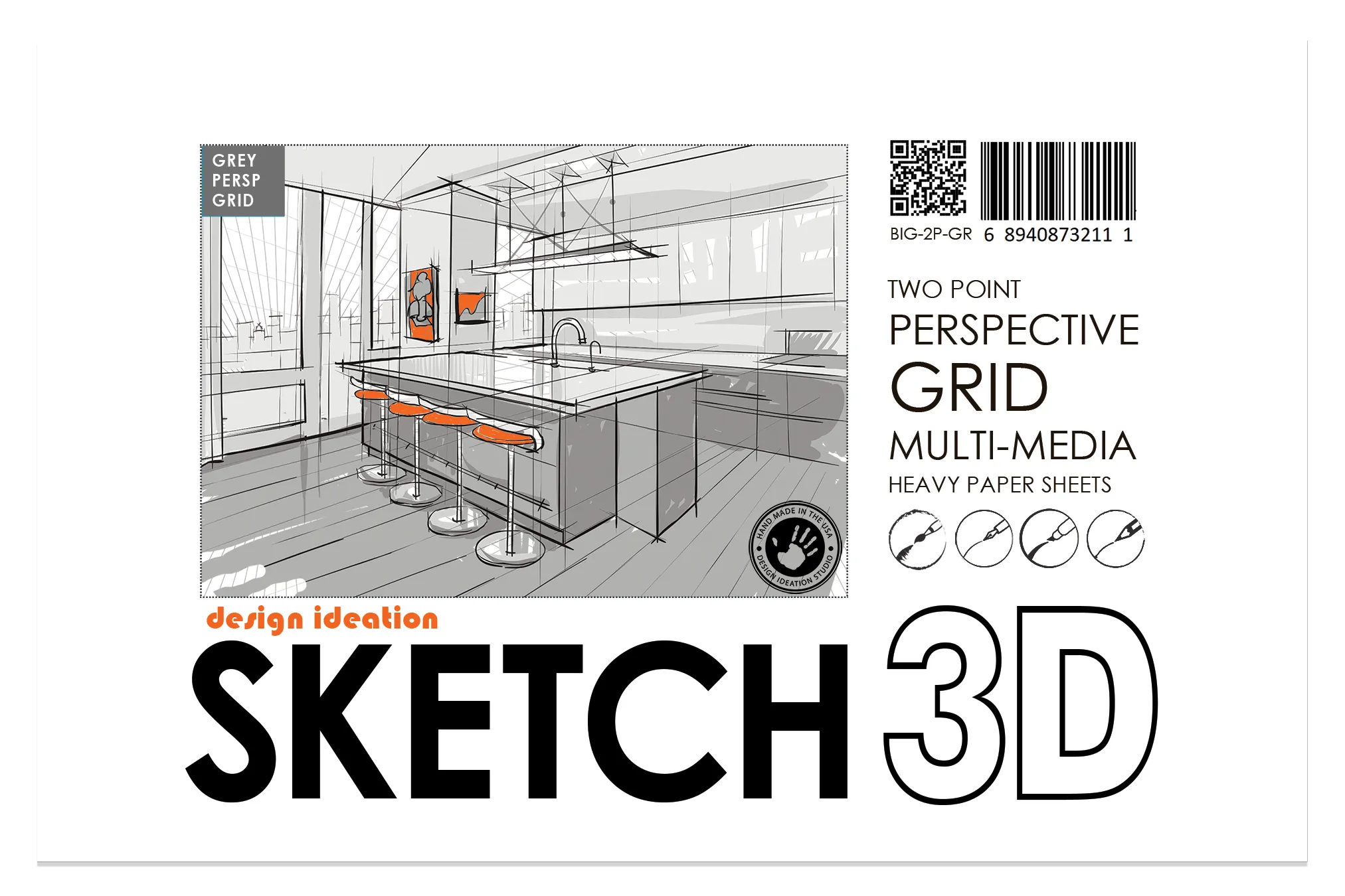 Design Ideation PERSPECTIVE GRID PAD. Removable Sheet. Multi-Media. 2 Point. Grey. (11" X 17") PAD-2550-TS