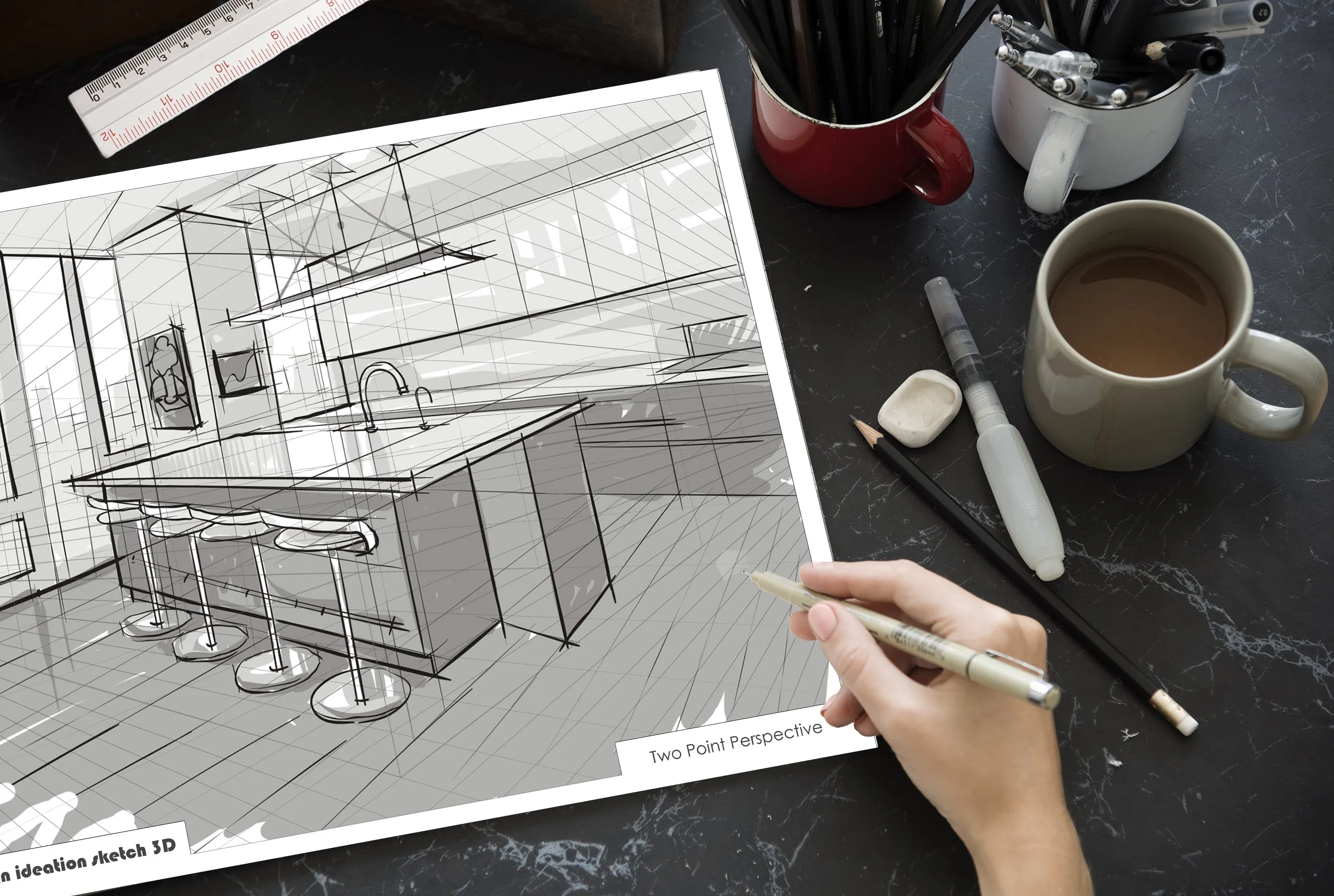 Design Ideation PERSPECTIVE GRID PAD. Removable Sheet. Multi-Media. 2 Point. Grey. (11" X 17") PAD-2550-TS