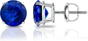 Diamond Wish 14k White Gold Round Blue Sapphire Gemstone Stud Earrings (1 1/2 carat TW) 4-Prong Basket, Screw-Back