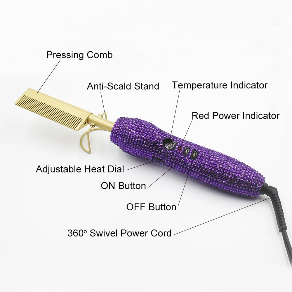 Diamond Electric Hot Comb,Bling Hot Comb Electric for Wigs,Crystal Hair Straightener Brush for Women,Adjustable Temperature Heat Pressing Combs for Natural Black Hair (Purple2)