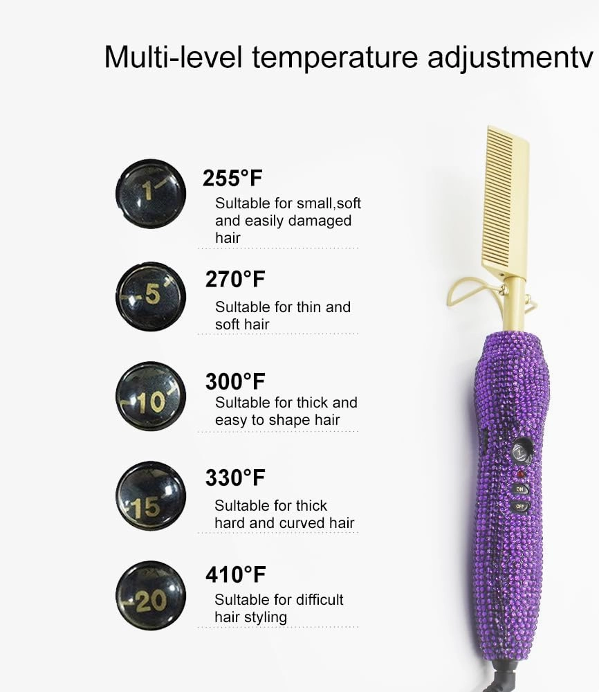 Diamond Electric Hot Comb,Bling Hot Comb Electric for Wigs,Crystal Hair Straightener Brush for Women,Adjustable Temperature Heat Pressing Combs for Natural Black Hair (Purple2)