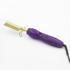 Diamond Electric Hot Comb,Bling Hot Comb Electric for Wigs,Crystal Hair Straightener Brush for Women,Adjustable Temperature Heat Pressing Combs for Natural Black Hair (Purple2)