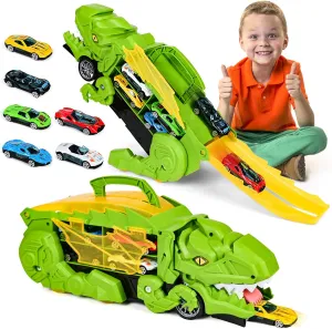 Dinosaur Truck Toys for 3 4 5 6 Years Old Boys,Transport Truck with Foldable Sliding 18 Inch Race Track and 10 Die-Cast Cars,Transforms into Standing T-rex,Best Gift for Boys and Girls