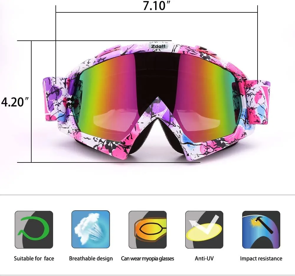 Dirt Bike Goggles, ATV Goggles motorcycle goggles, UTV MX OTG Accessories Goggle Glasses & Anti Fog Ski Goggles, Racing Skiing Dirtbike Goggles for Men Women-Camo Pink Frame & Color Lens
