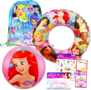 Disney Princess Pool Toys Set - Bundle with Inflatable Swim Ring, Goggles, Beach Ball, Bag, Sunglasses, Stickers and More | Princess Beach Water Toys