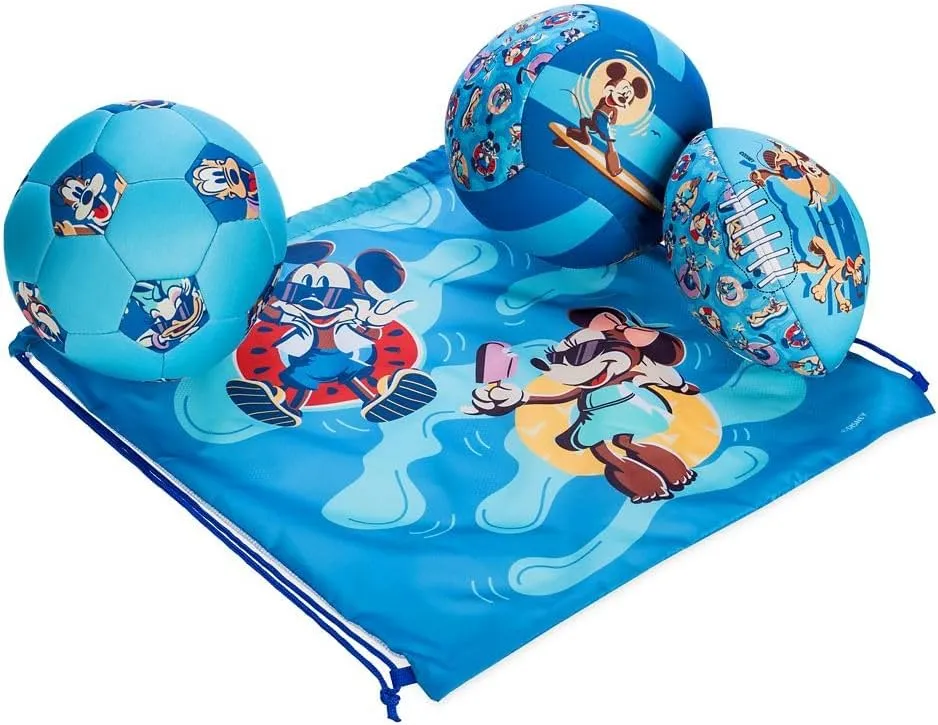 Disney Store Official Mickey Mouse and Friends Summer Fun Sports Ball Set, Comes with a Soccer Ball, Volleyball, Football & Mesh Cinch Bag, Part of Mickey Mouse Summer Fun Collection.
