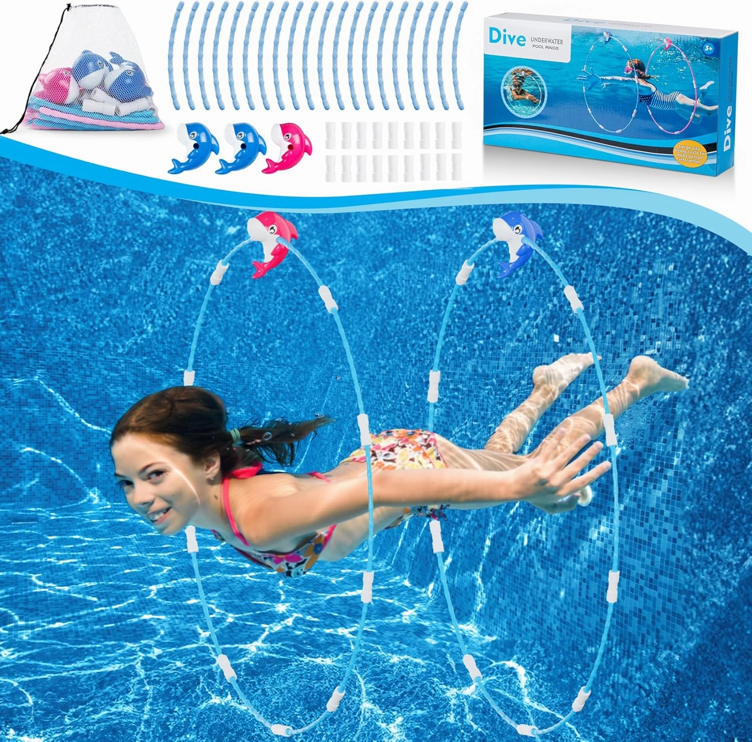 Diving Pool Toys for Kids, 2 Pack Water Sports Swim Thru Rings, Summer Outdoor Activities Underwater Training Swimming Dive Toys Pool Games Gifts for Boys Girls Ages 3-12 (Blue)