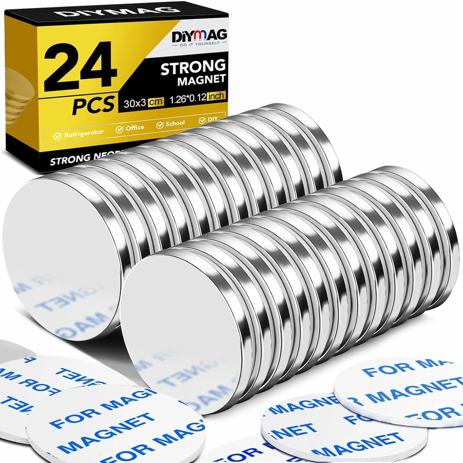 DIYMAG 24Pack Strong Neodymium Disc Magnets, Rare Earth Magnets with Double-Sided Adhesive, Powerful Heavy Duty for Fridge, DIY Building, Scientific Craft and Office, 1.26inch D x 0.12inch H
