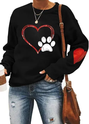 Dog Mom Love Heart Dog Paw Print Sweatshirts Women Long Sleeve Pullover Tops Casual Blouse Love Heart Shirt Mother's Day Black