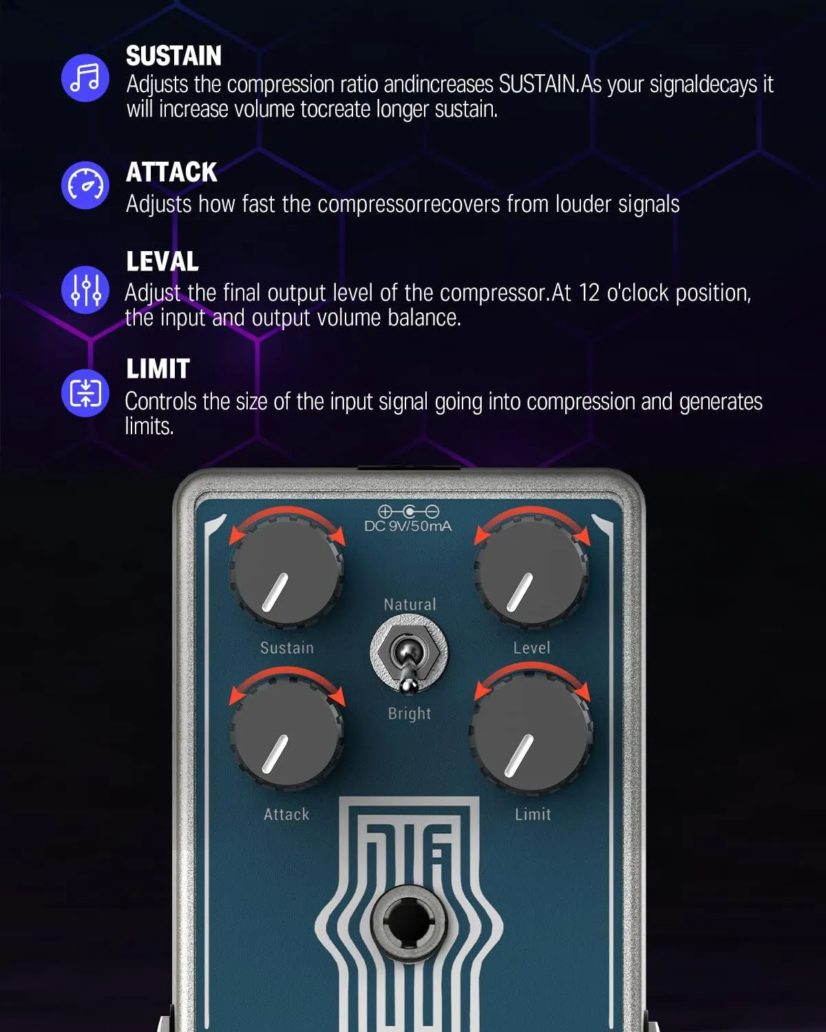 Donner Compressor Guitar Pedal, Lax Comp Compressor Pedal for Electric Guitar and Bass, Classic Peak Limiter Style Compressor with 2 Band EQ Boost Effect Pure Analog True Bypass