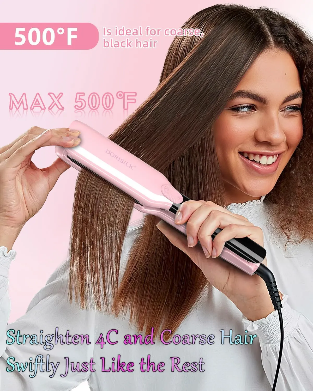 DORISILK 500 Degree High Temp Professional Hair Straightenr ， Ceramic Wide Flat Iron ，2 in 1 Hair Straightener and Curler，Plasma Flat Iron Straightener Get Frizz-Free and Shiny (Pink)