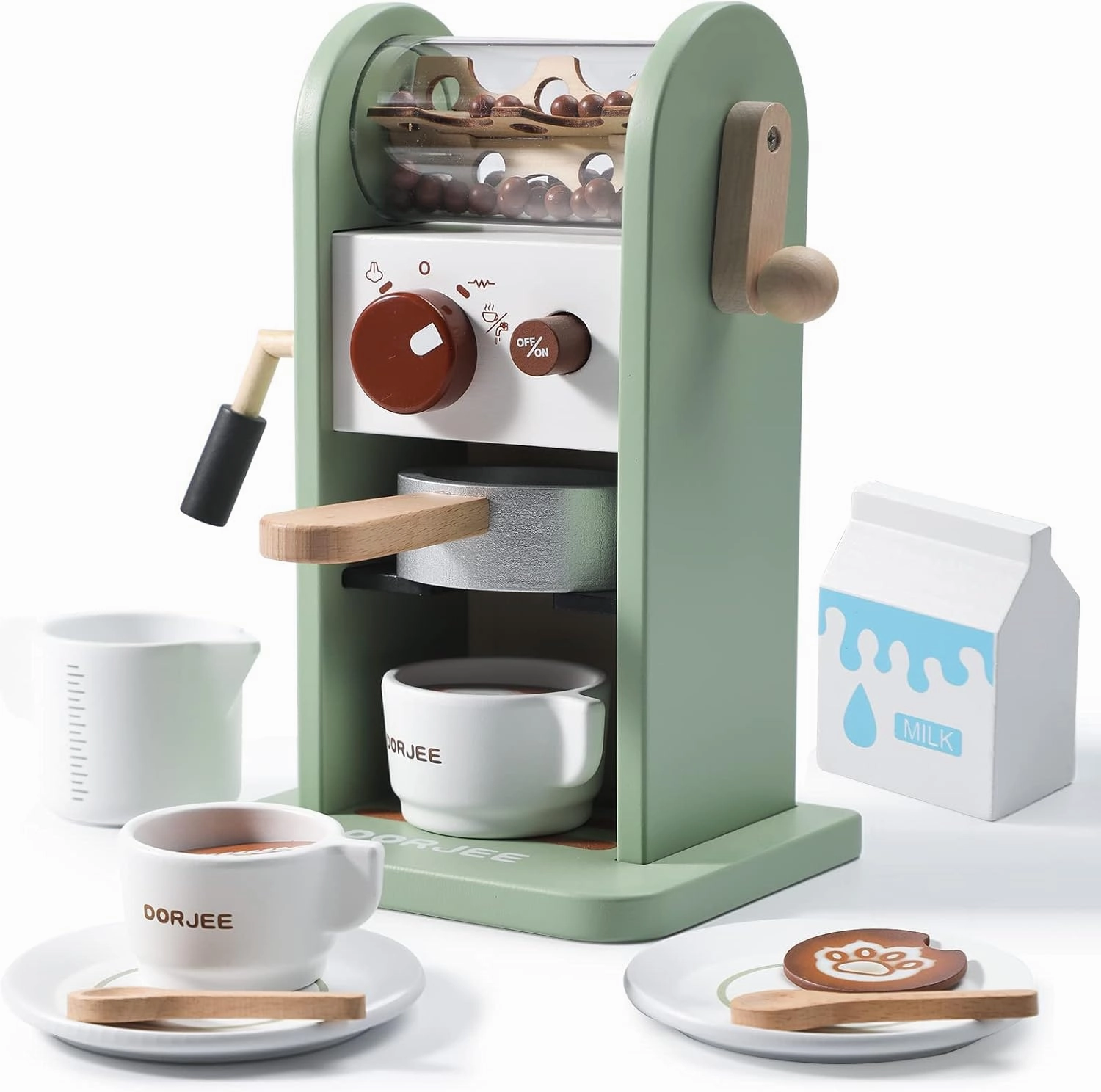 Dorjee Kids Coffee Maker Playset with Grinder, Play to learn Coffee Making Routine, Stimulates Imaginative Pretend Play and Life Skills, Gifts for Toddler Girls and Boys, 14pcs in Wood