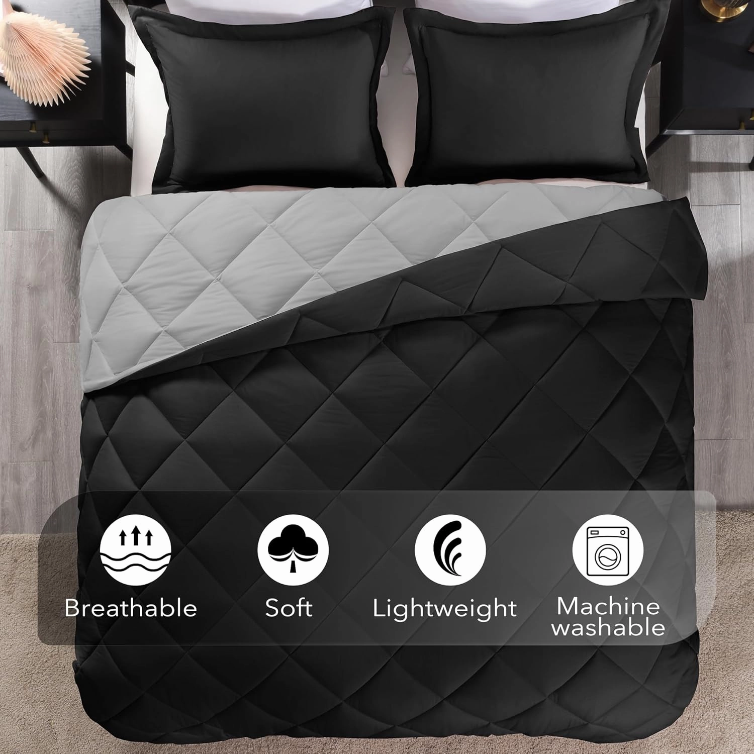 downluxe King Size Comforter Set - Black and Grey King Comforter, Soft Bedding Sets for All Seasons -3 Pieces - 1 Comforter (104"x92") and 2 Pillow Shams(20"x36")