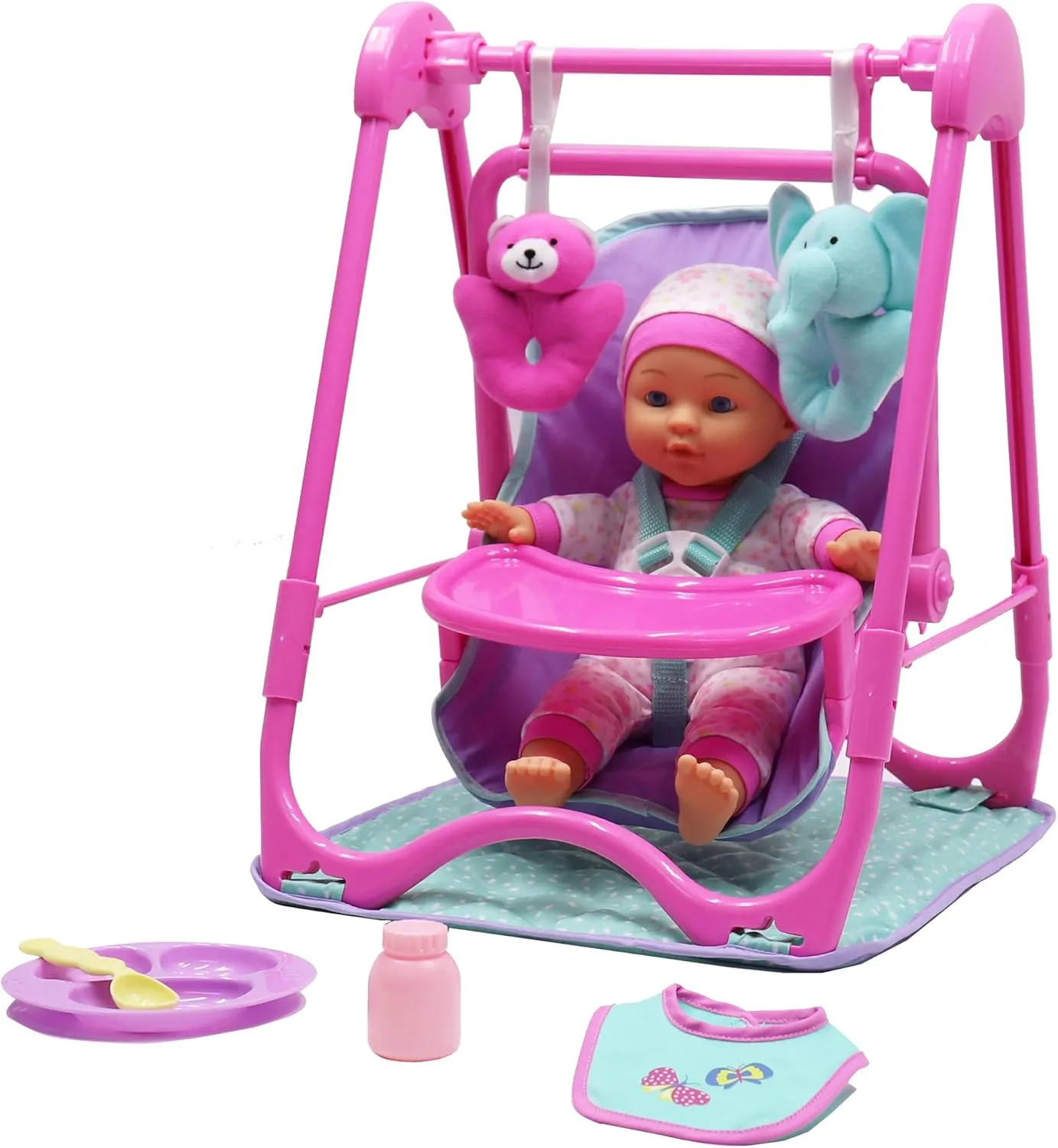 DREAM COLLECTION: Baby Doll 4-in-1 High Chair Play Set - Pink & Teal - 12" Doll, Hand-Held Carrier, Feeding Accessories, Realistic Play, Kids Ages 2 