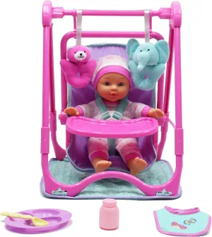 DREAM COLLECTION: Baby Doll 4-in-1 High Chair Play Set - Pink & Teal - 12" Doll, Hand-Held Carrier, Feeding Accessories, Realistic Play, Kids Ages 2 