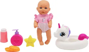 Dream Collection, Water Baby Doll in Unicorn Floater - Accessories for Realistic Pretend Play, Posable Soft Body, Star Toy, Lotion & Soap Case - 12
