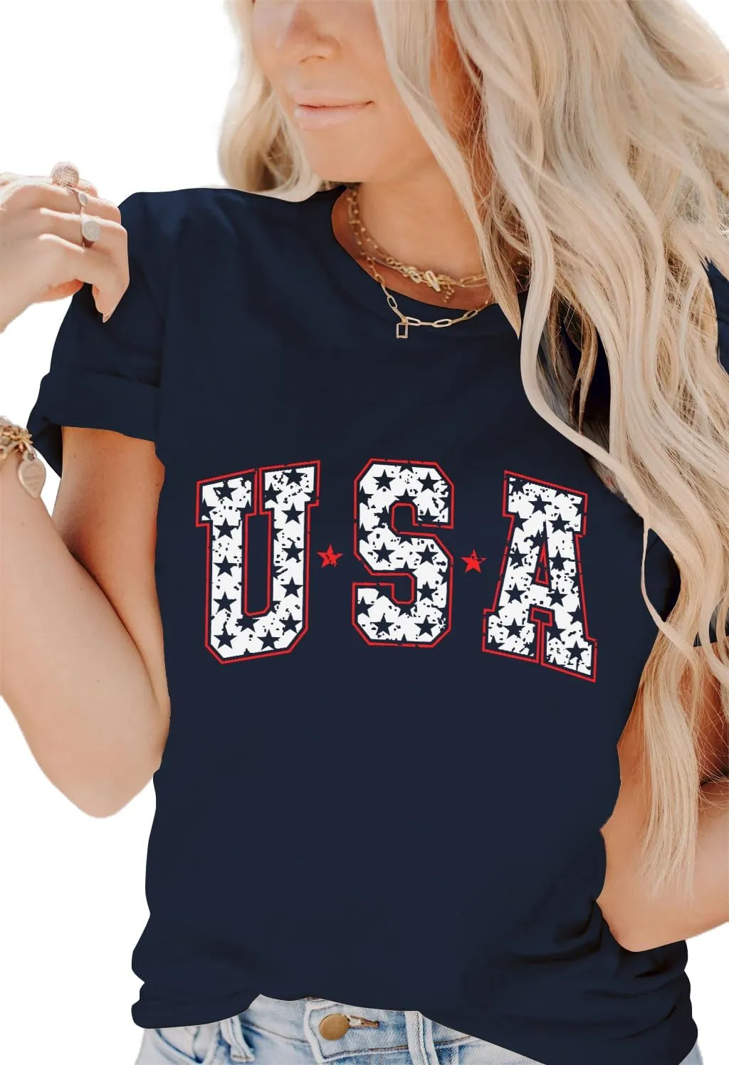 Dressmine Women's Short Sleeve American Flag Shirt Round Neck USA Shirts Summer Fourth July Graphic Tee Patriotic T Shirt