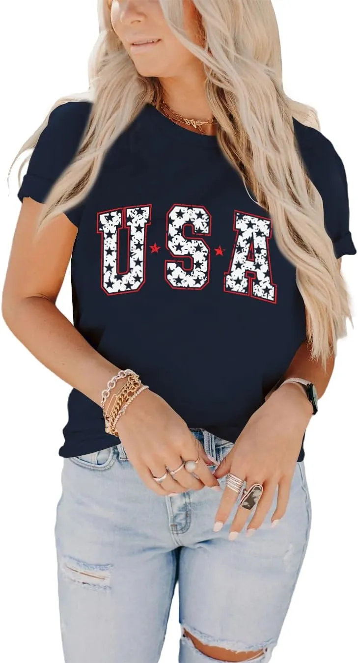 Dressmine Women's Short Sleeve American Flag Shirt Round Neck USA Shirts Summer Fourth July Graphic Tee Patriotic T Shirt