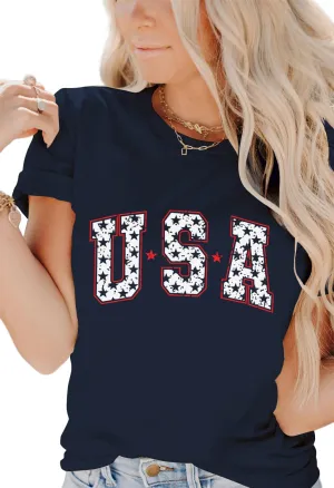 Dressmine Women's Short Sleeve American Flag Shirt Round Neck USA Shirts Summer Fourth July Graphic Tee Patriotic T Shirt