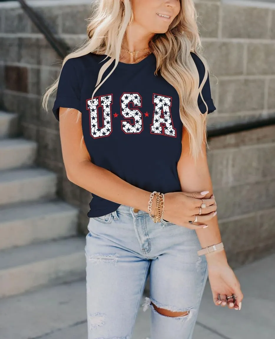 Dressmine Women's Short Sleeve American Flag Shirt Round Neck USA Shirts Summer Fourth July Graphic Tee Patriotic T Shirt