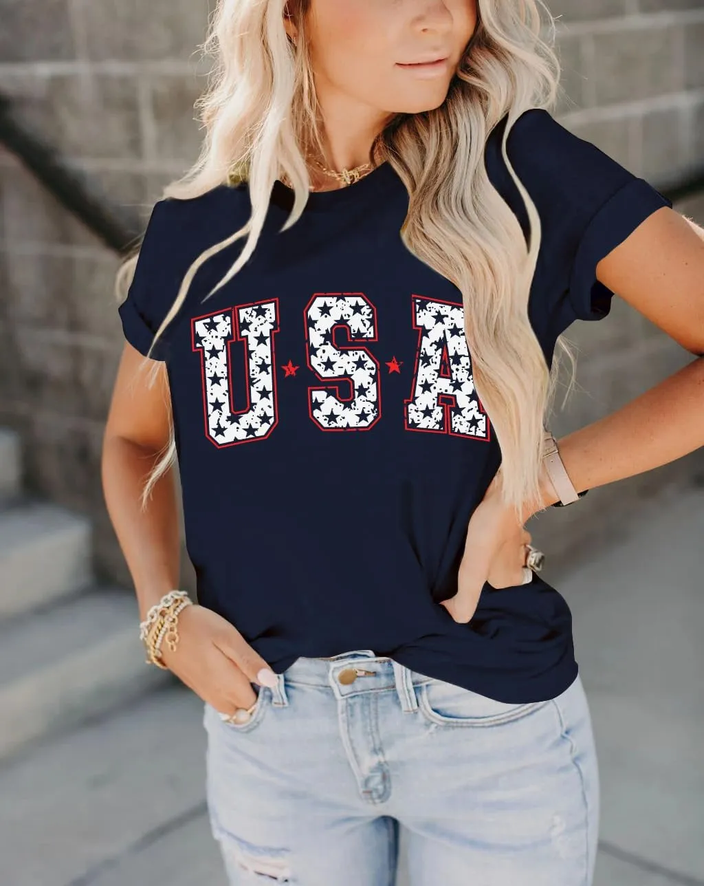 Dressmine Women's Short Sleeve American Flag Shirt Round Neck USA Shirts Summer Fourth July Graphic Tee Patriotic T Shirt