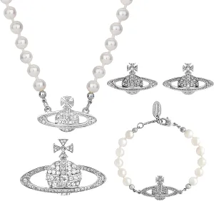 Dreuyet 4PCS Rhinestone Planet Saturn Pearl Choker Necklace Bracelet Earring Brooch Pin Jewelry Set for Women Charm Artificial Pearl Necklace Charm Lady Wedding Accessories Y2k Jewelry