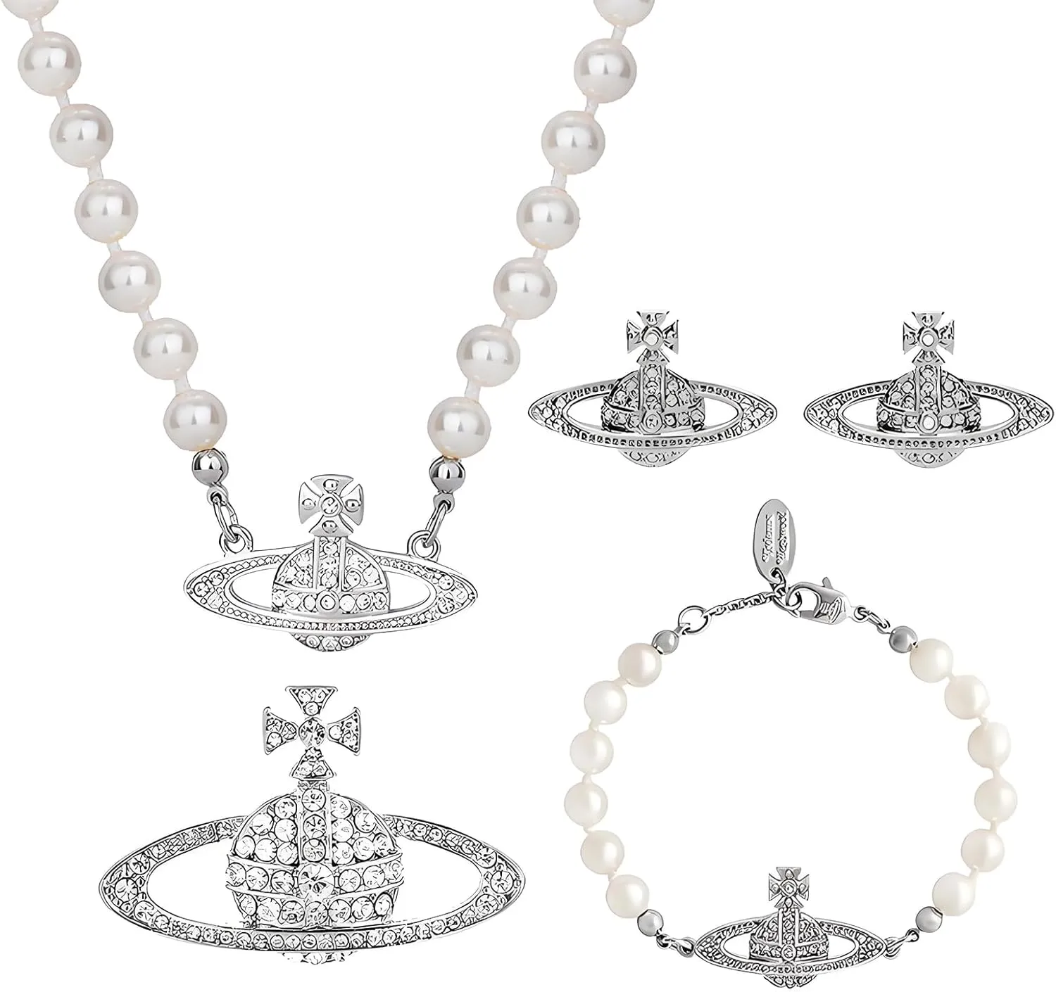Dreuyet 4PCS Rhinestone Planet Saturn Pearl Choker Necklace Bracelet Earring Brooch Pin Jewelry Set for Women Charm Artificial Pearl Necklace Charm Lady Wedding Accessories Y2k Jewelry