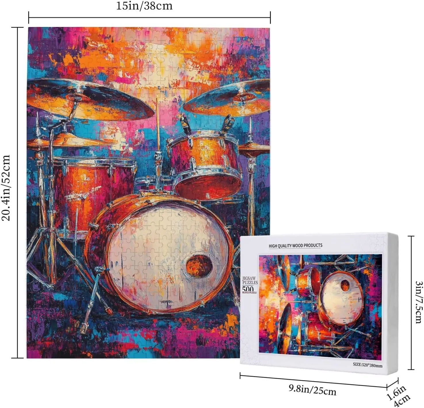 Drum Set Puzzle 500 Pcs,Oil Painting Style Design,Ideal Choice for Musical Instrument Lovers, Adult Wooden Puzzles,Home Wall Decoration, Unique Artwork, Gift for Relatives and Friends