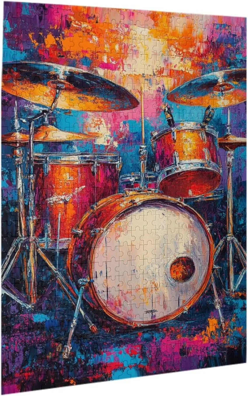 Drum Set Puzzle 500 Pcs,Oil Painting Style Design,Ideal Choice for Musical Instrument Lovers, Adult Wooden Puzzles,Home Wall Decoration, Unique Artwork, Gift for Relatives and Friends