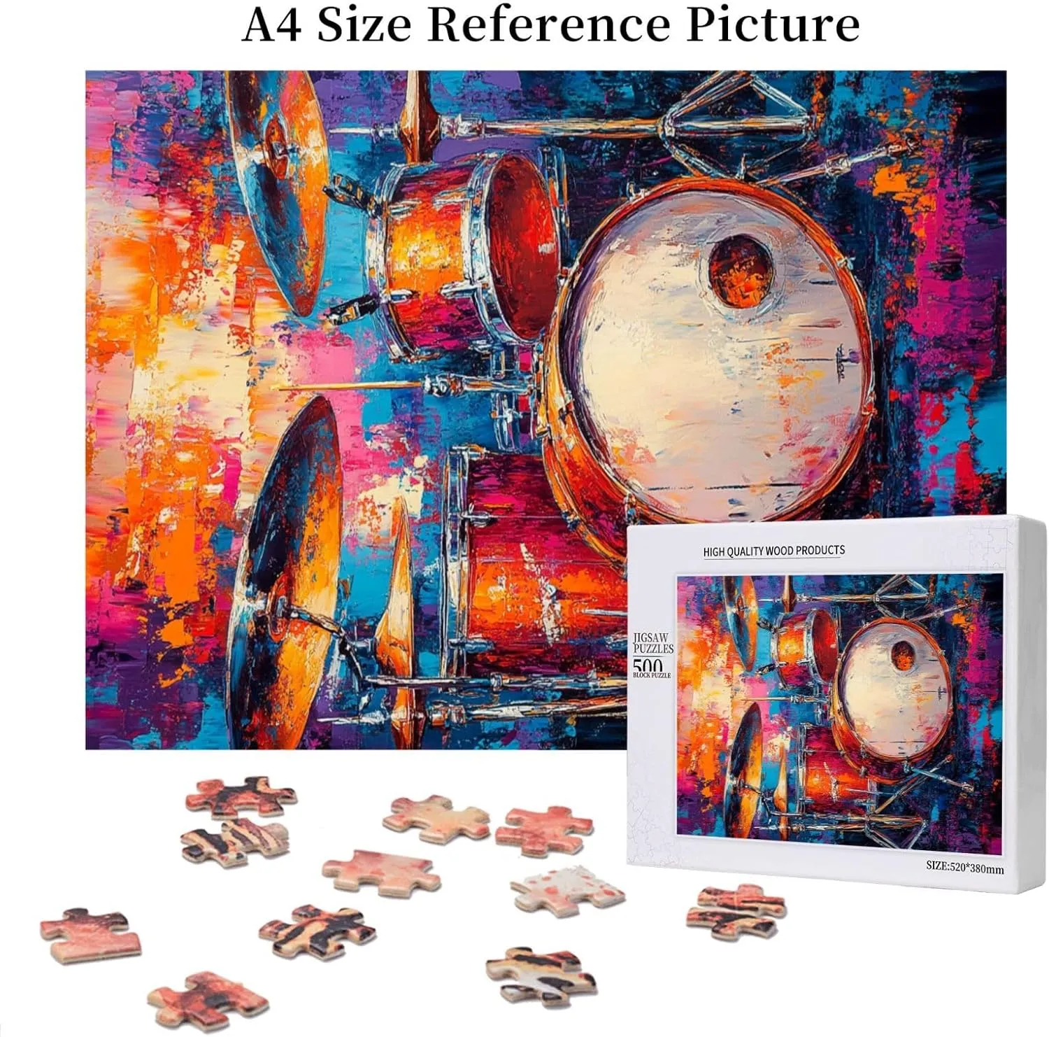 Drum Set Puzzle 500 Pcs,Oil Painting Style Design,Ideal Choice for Musical Instrument Lovers, Adult Wooden Puzzles,Home Wall Decoration, Unique Artwork, Gift for Relatives and Friends
