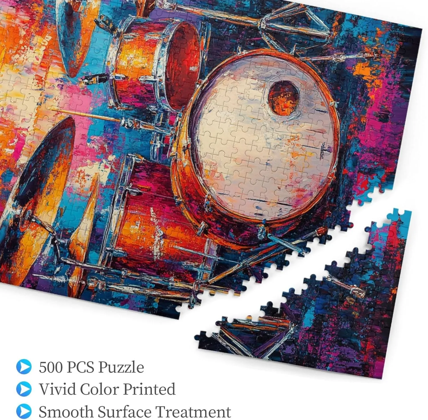 Drum Set Puzzle 500 Pcs,Oil Painting Style Design,Ideal Choice for Musical Instrument Lovers, Adult Wooden Puzzles,Home Wall Decoration, Unique Artwork, Gift for Relatives and Friends