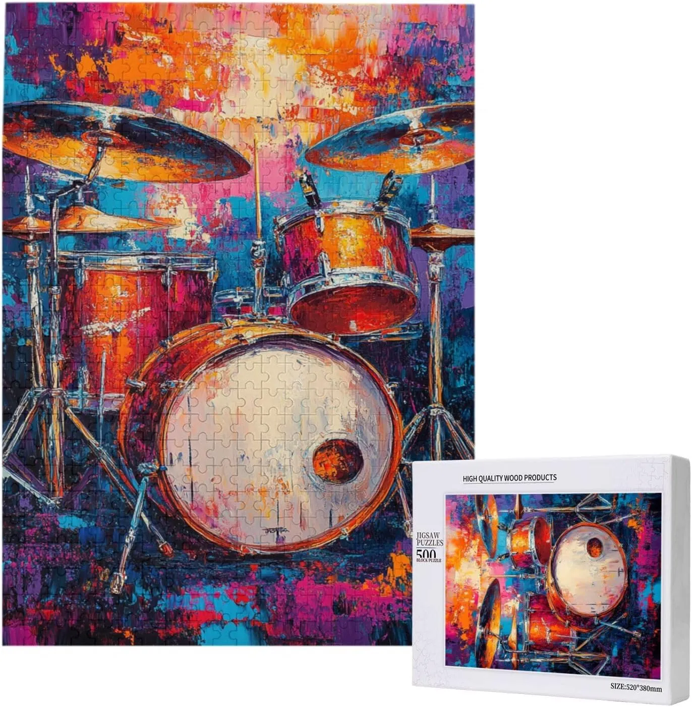 Drum Set Puzzle 500 Pcs,Oil Painting Style Design,Ideal Choice for Musical Instrument Lovers, Adult Wooden Puzzles,Home Wall Decoration, Unique Artwork, Gift for Relatives and Friends
