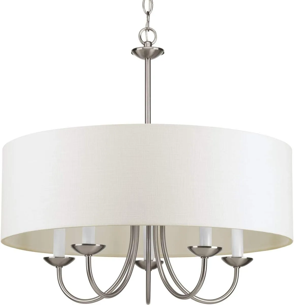 Drum Shade Collection 5-Light White Textured Linen Shade Farmhouse Chandelier Light Brushed Nickel
