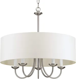 Drum Shade Collection 5-Light White Textured Linen Shade Farmhouse Chandelier Light Brushed Nickel