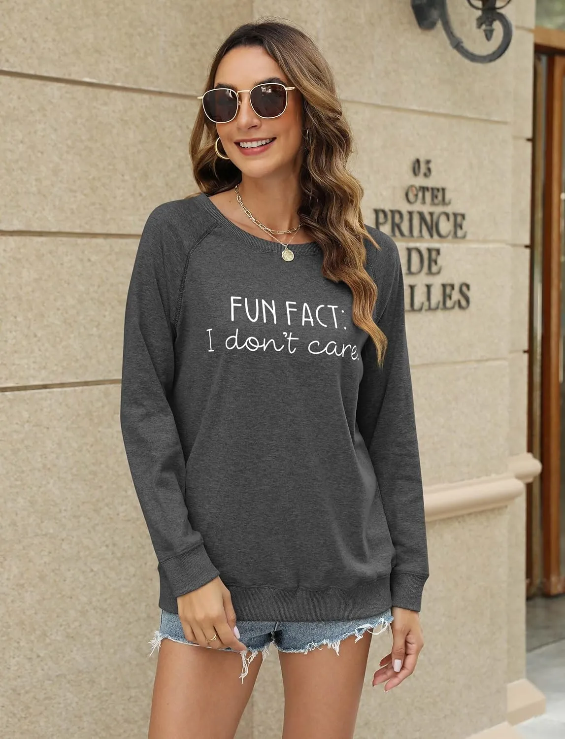 EADINVE "FUN FACT: I don't care Letter Print Women's Crewneck Sweatshirt Raglan Long Sleeve Casual Pullover Tops