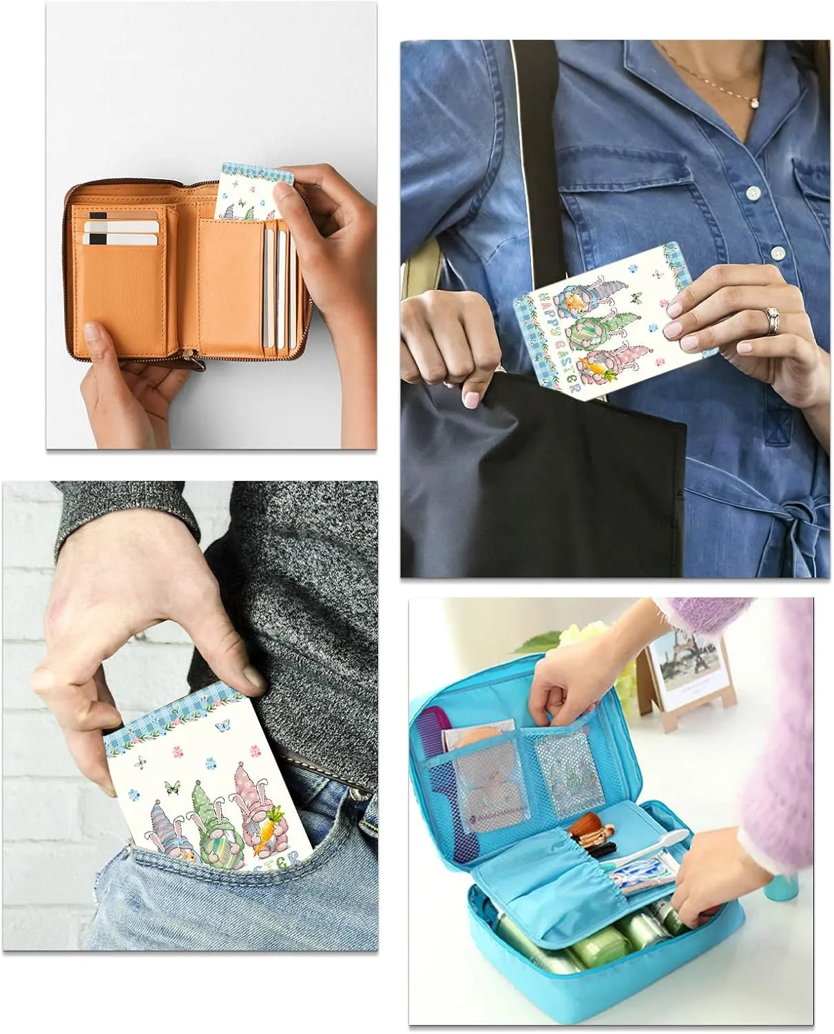 Easter Gnomes Compact Mirror Bulk 4 Pack Card Mirror, Spring Easter Eggs Floral Blue Checkered Small Compact Mirror for Purse, Rectangular Handheld Pocket Makeup Mirror
