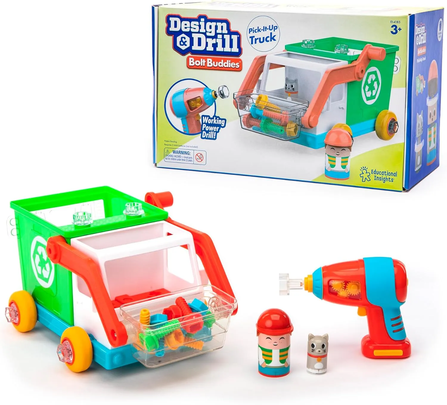 Educational Insights Design & Drill Bolt Buddies Recycling Truck - Construction Toys & Toddler Tools, Kids Tool Set with Real Electric Drill Toy, Take Apart STEM Set, Building Kit & Gift for Ages 3 