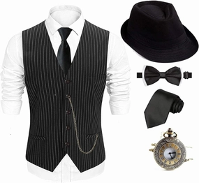 EFORLED 1920s Mens Costume Fedora Hat,Gatsby Gangster Vest,Vintage Pocket Watch,Pre Tied Bow Tie,Tie